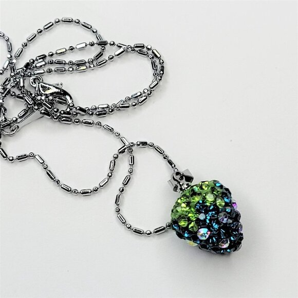 STRAWBERRY Shape Mini Aqua Blue and Lime Green Rhinestone Small Pendant Necklace - Picture 4 of 12